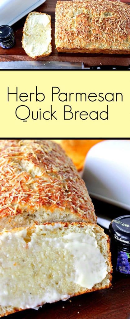 A vertical title text photo collage of Italian herb and cheese bread with melted butter.