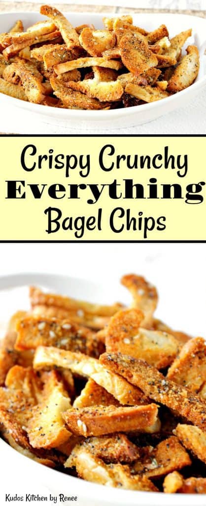 Vertical title text collage images of everything bagel chips.