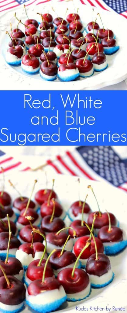 A vertical photo collage of patriotic sugared cherries with title text graphic overlay