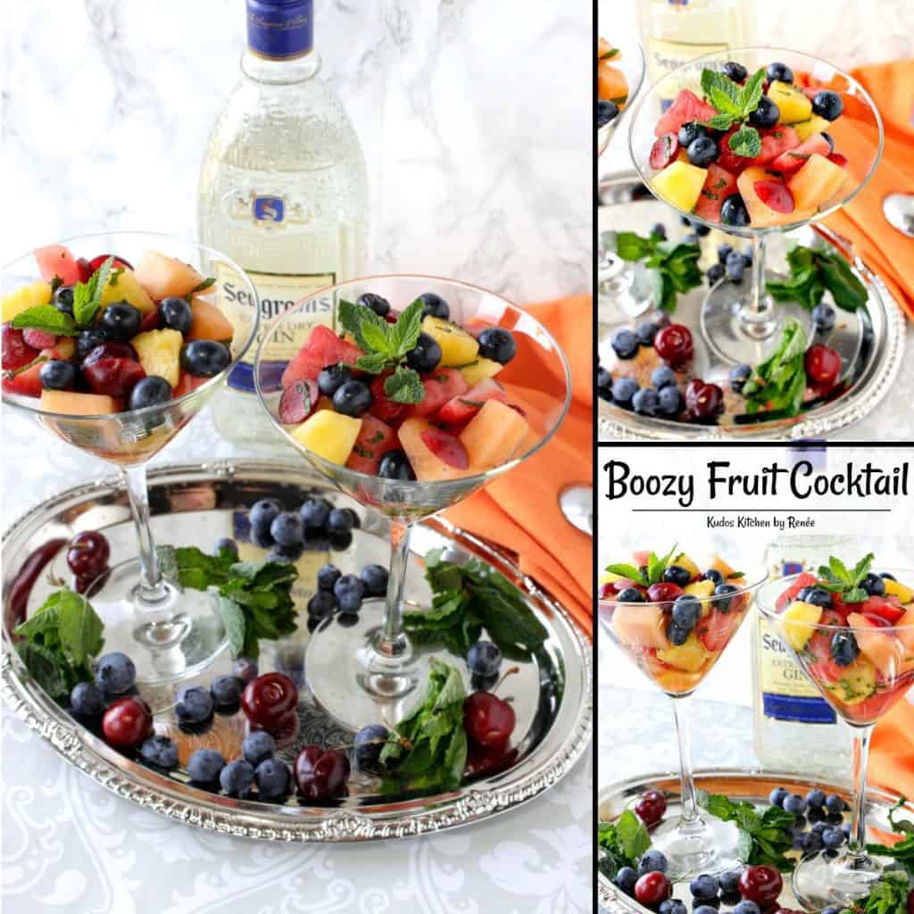 A photo collage of Boozy Fruit Cocktail with Gin, Mint, Watermelon, Pineapple, Cherries & Blueberries