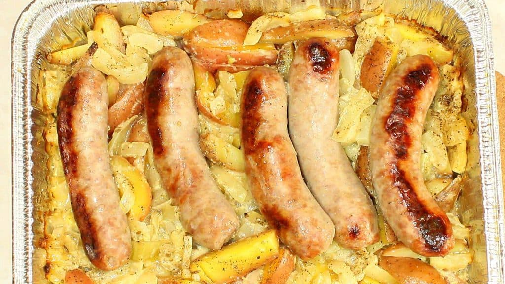 Grilled Italian Sausages over cooked potatoes and fennel.