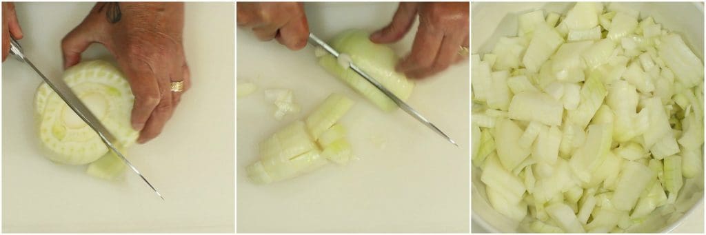 Slicing fennel bulb and onion for Italian sausage, fennel & Potato Dinner