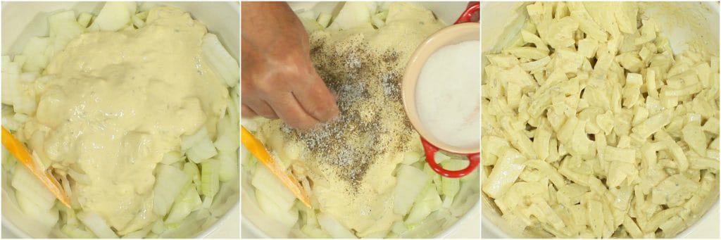 Pouring the Dijon sauce over fennel and onion for the Italian Sausage, Fennel & Potato Dinner