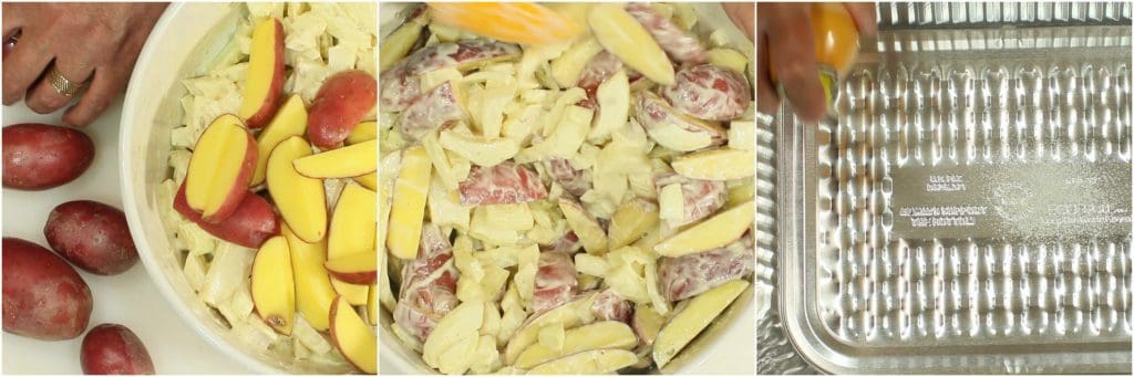 Slicing the potatoes to make One-Pan Italian Sausage, Fennel & Potato Dinner