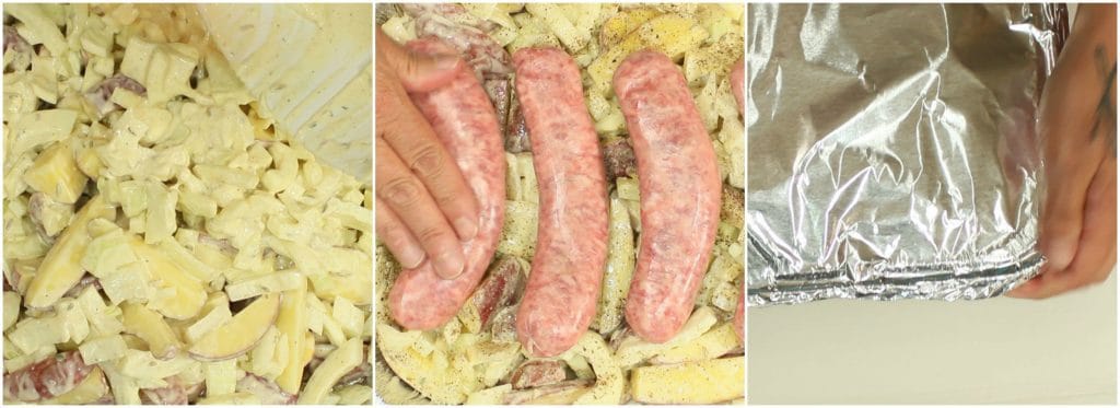 Preparing the One-Pan Italian Sausage, Fennel & Potato Dinner for the oven.