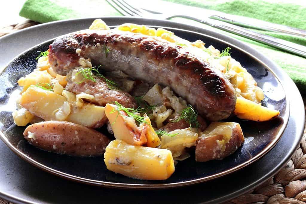Italian Sausage, potatoes and Fennel dinner on a plate.