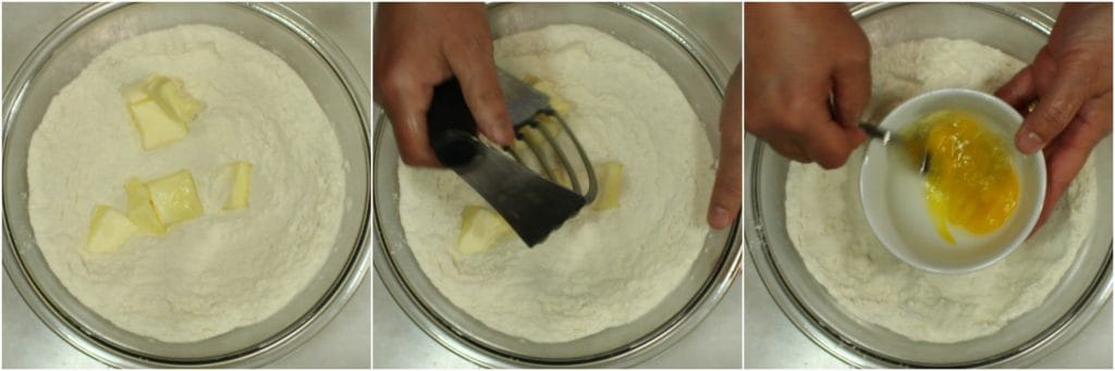 Cutting butter into flour to make sticky caramel sweet rolls