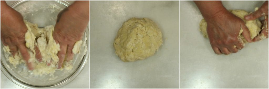 Photos of kneading dough to make sticky caramel sweet rolls.