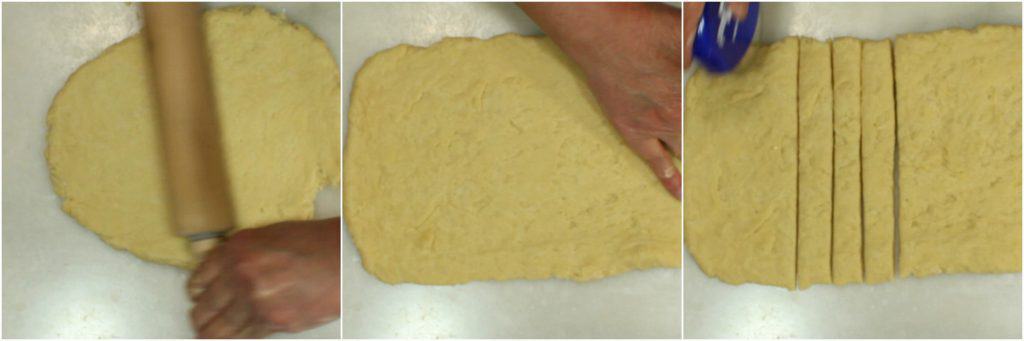 Rolling and cutting dough to make Sticky Caramel Sweet Rolls