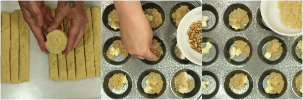 Rolling the dough and preparing the muffin tins for the Sticky Caramel Sweet Rolls