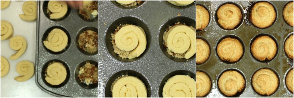 Adding the pinwheel dough to the muffin tins to make sticky caramel sweet rolls.
