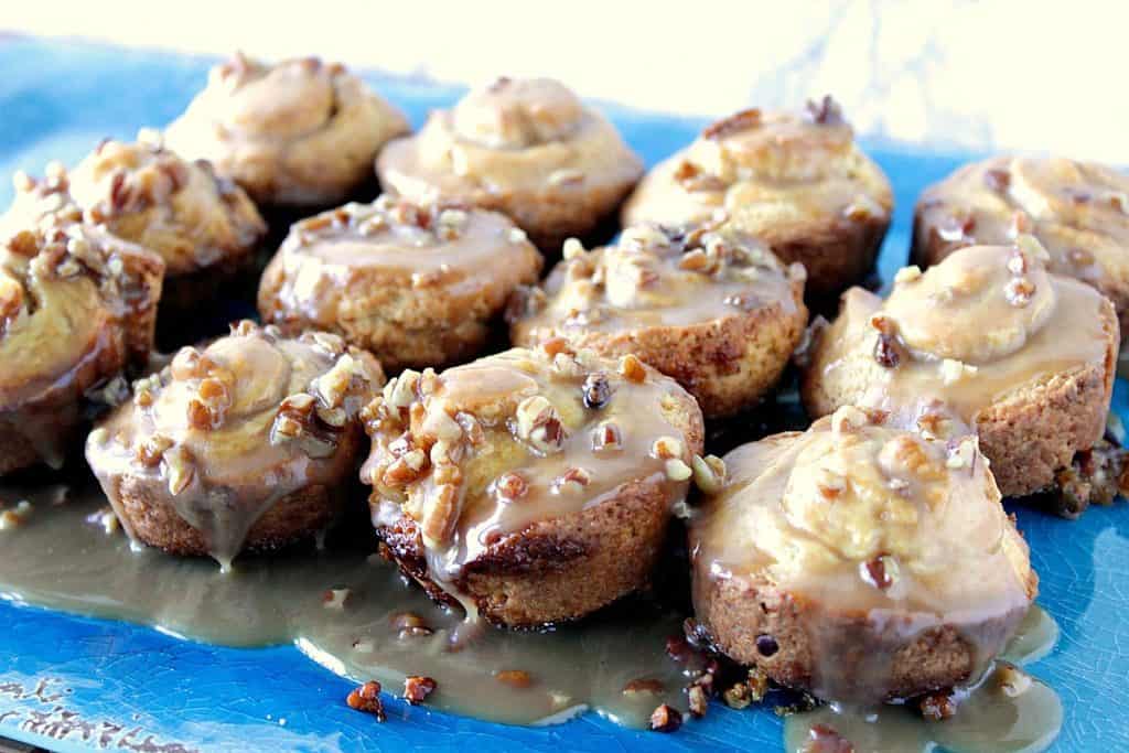 Picture of Sticky Caramel Sweet Rolls on a blue platter.