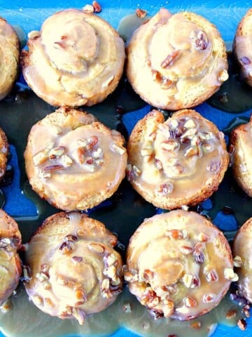 Overhead picture of 12 Sticky Caramel Sweet Rolls with pecans