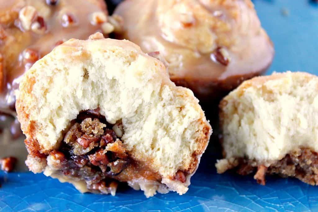 Close up picture of the inside of a Sticky Caramel Sweet Roll with Pecans