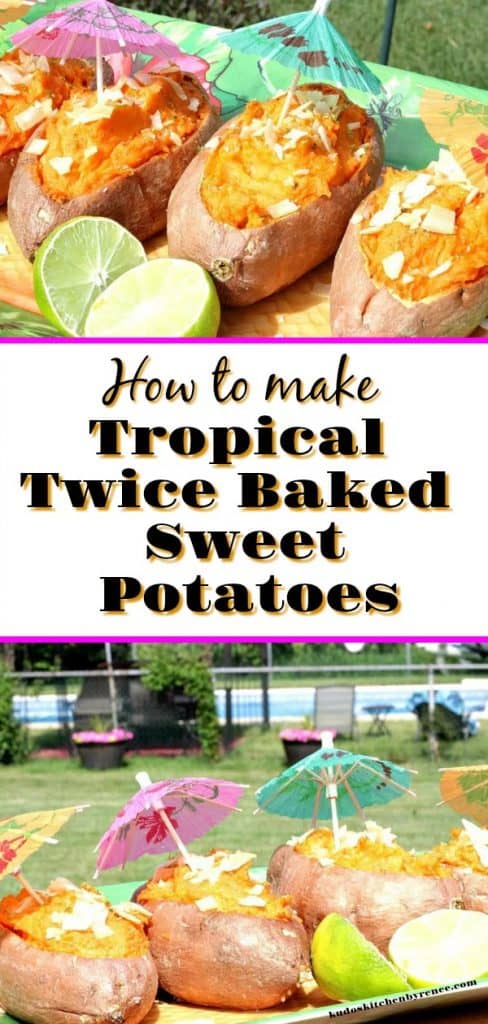 title text vertical collage of sweet potato boats in a tropical setting