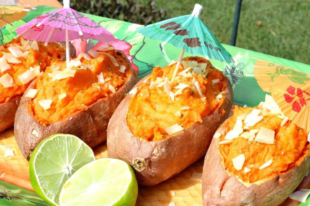 Twice Baked Sweet Potato Boats with Coconut and Lime and fun umbrella garnish.