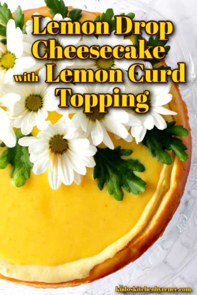 An overhead photo of lemon cheesecake with white daisies on top/