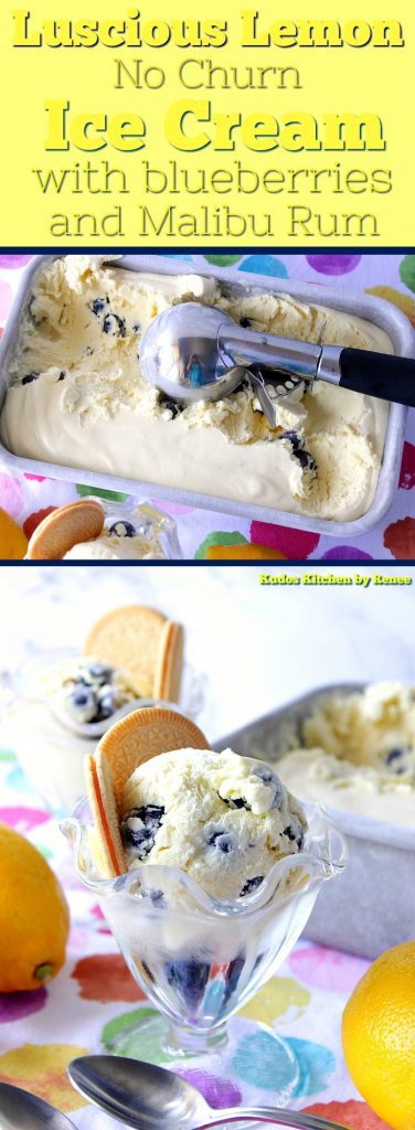Vertical photo collage of lemon ice cream with blueberries.