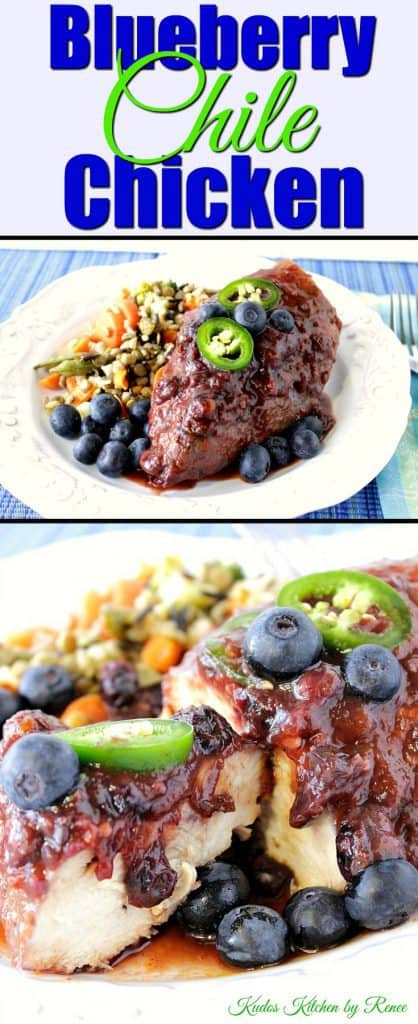 Vertical title text photo image collage of chicken breast with blueberries and jalapeno slices