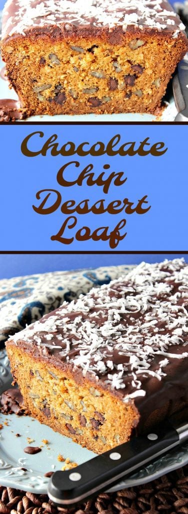 A vertical photo collage of chocolate chip quick bread with coconut and pecans.