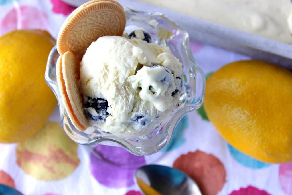 Luscious Lemon No Churn Ice Cream with Blueberries and Malibu Rum