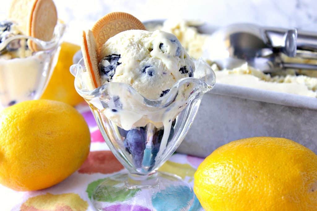 A dish of lemon blueberry ice cream. Lemons and an ice cream scoop in the background.