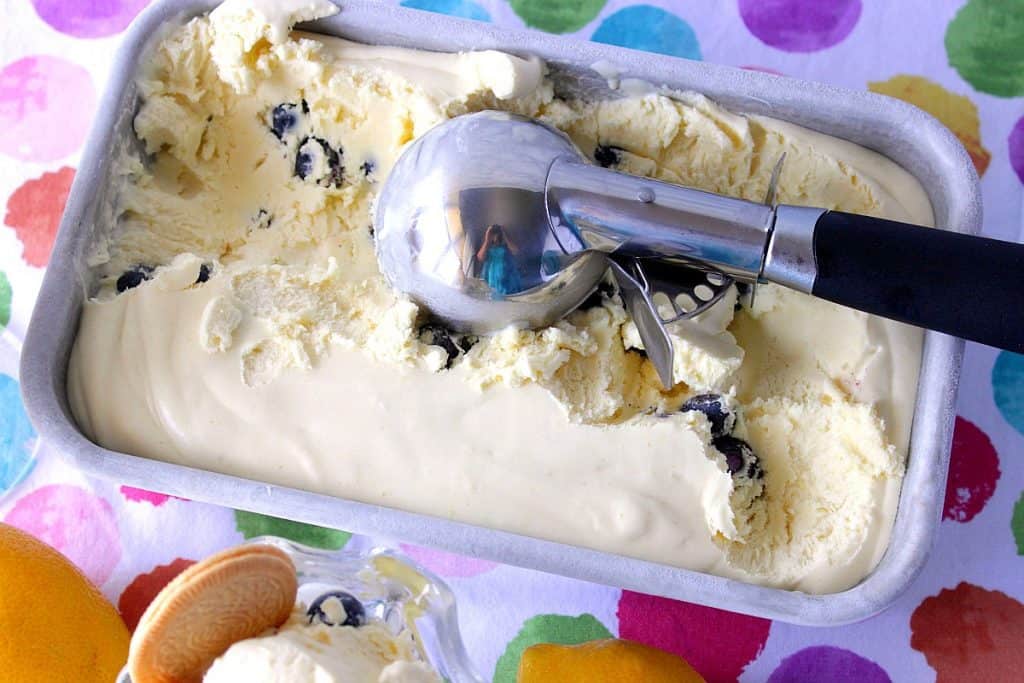 Overhead photo of a loaf pan filled with homemade frozen lemon blueberry ice cream