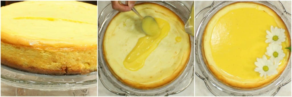 How to decorate a lemon cheesecake with lemon curd topping and shasta daisy's.