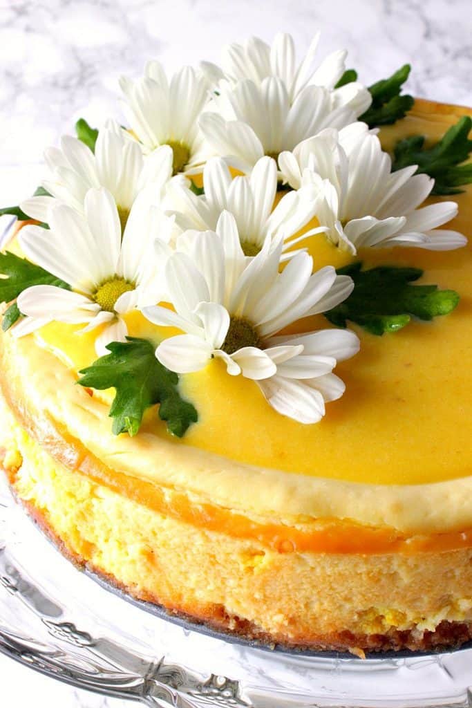 Closeup and side view of lemon cheesecake with fresh daisies on top.