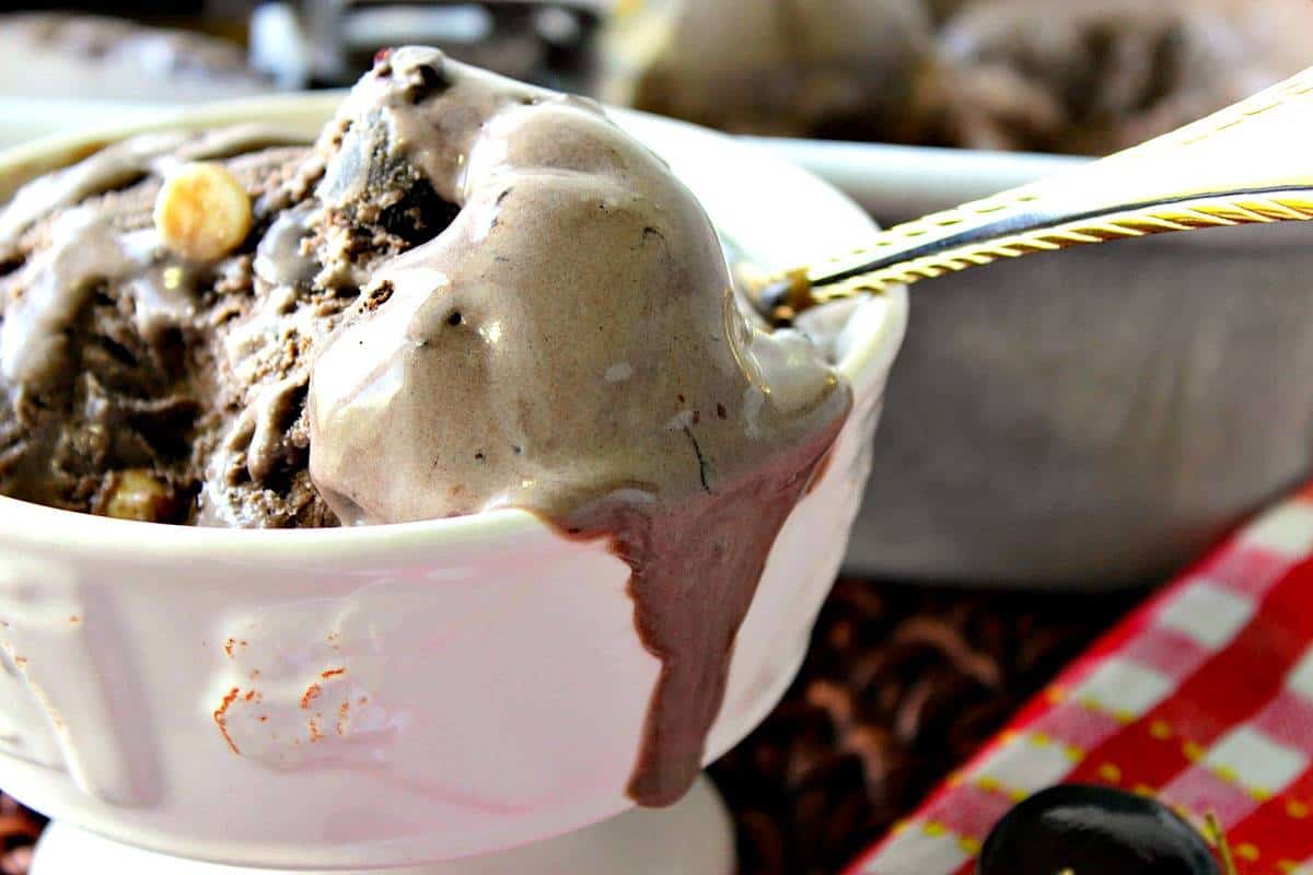Melting scoop of Triple Chocolate Cherry Kahula Ice Cream