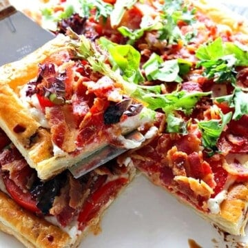 Square BLT Puff Pastry Tart with slice