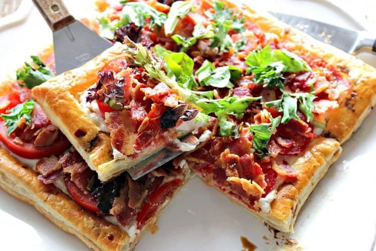 delectable blt puff pastry tart with a balsamic drizzle