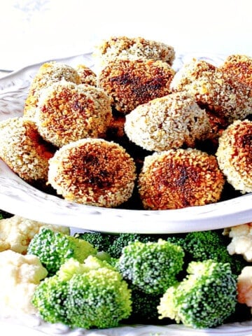 A bowl of Broccoli Cauliflower Vegetable Tots along with fresh broccoli and cauliflower on a plate.