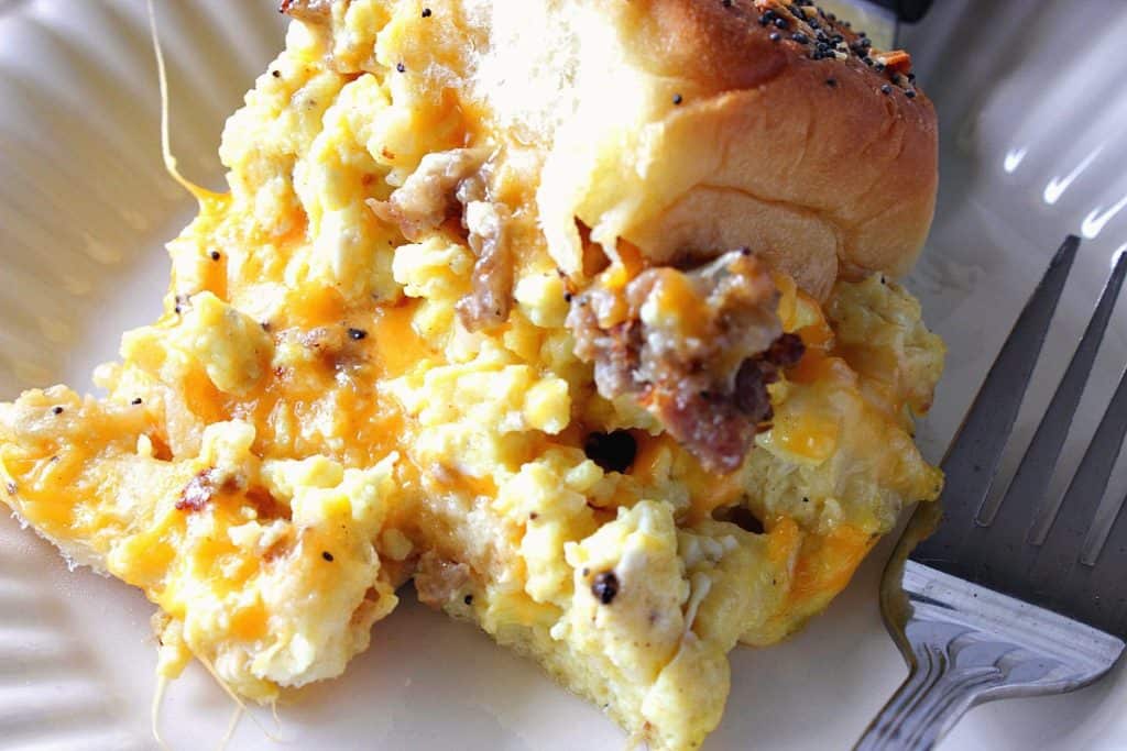 Close up of Breakfast Sliders with Scrambled Eggs and Sausage