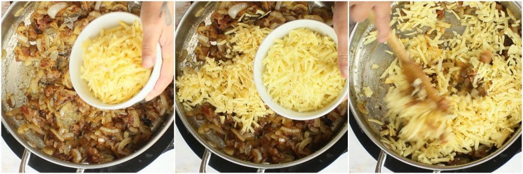Adding grated cheese to a Bacon Caramelized Onion Cheese Dip