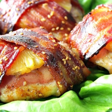 Teriyaki Bacon Wrapped Pineapple Chicken Thighs with Sesame Seeds