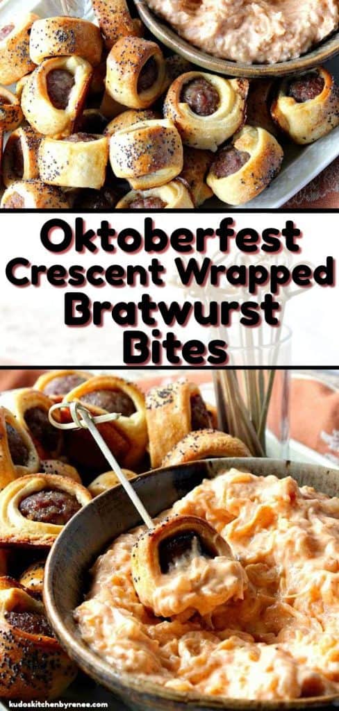 A photo collage of bratwurst appetizer bites with poppy seeds and sauerkraut dipping sauce and title text graphic overlay