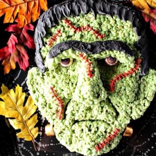 Frankenstein Rice Cereal Halloween Treat with Royal Icing Hair and Gumball Eyes