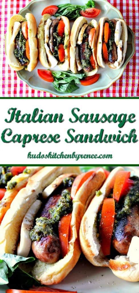 Vertical title text collage image of Caprese sausage sandwiches