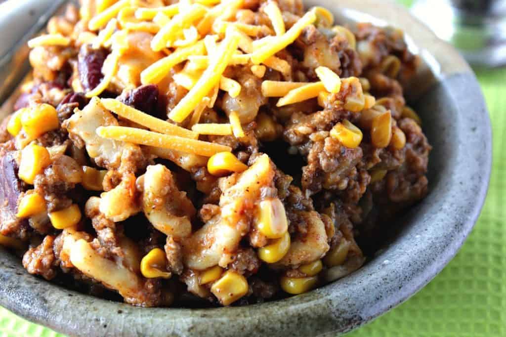 Hearty Slow Cooker Chili Mac close-up image | Kudos Kitchen by Renee