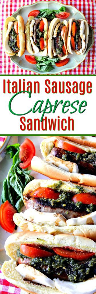 Title text vertical collage images of Caprese Sausage Sandwiches on a platter