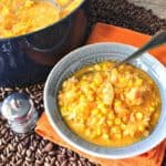 Seasonally Delicious Pumpkin Corn Chowder with Shrimp and Pasta