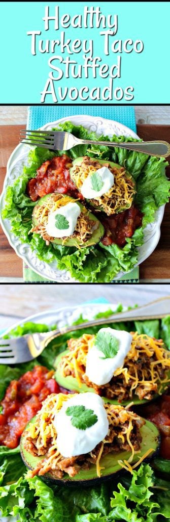 Vertical title text photo collage of turkey taco stuffed avocados on lettuce with salsa.