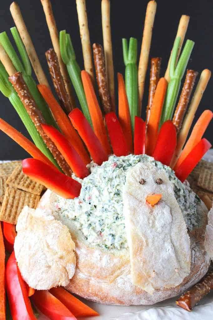 Vertical photo of a turkey bread bowl with spinach dip for Thanksgiving and fall appetizer recipe roundup.