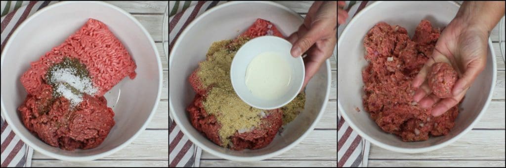 Photo tutorial collage of how to make German Meatballs with Mushroom caraway sauce.