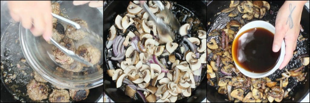 Photo tutorial collage of how to make German Meatballs with mushroom caraway sauce.