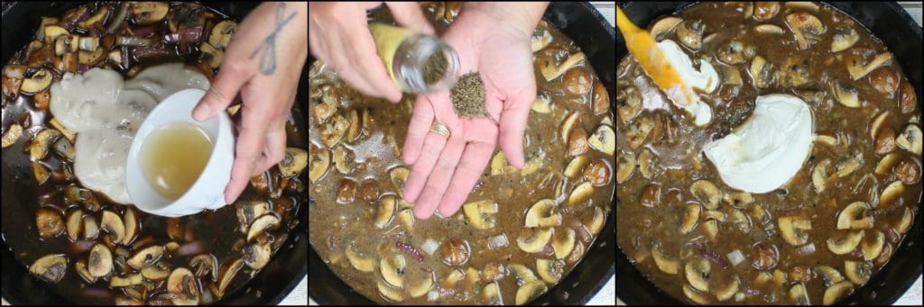 Photo tutorial collage of how to make German Meatballs with mushroom caraway sauce.