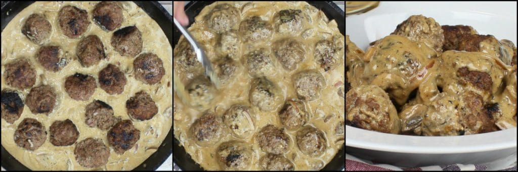 Photo tutorial collage of how to make German Meatballs with mushroom caraway sauce.