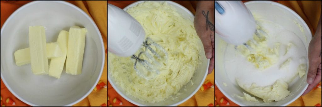 Photo tutorial of how to make a candy corn citrus flavored pound cake.