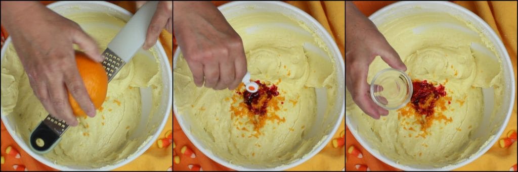 Photo tutorial of how to make a candy corn citrus flavored pound cake.